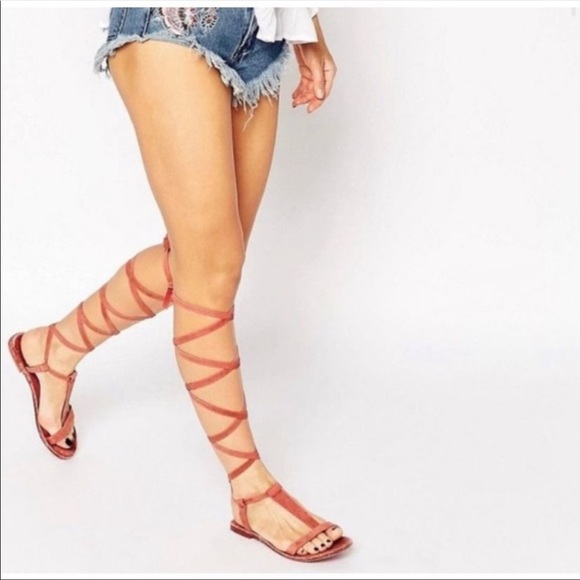 Free People red Dahlia lace up sandal / scarlet clay gladiator strap sandals - Picture 3 of 14